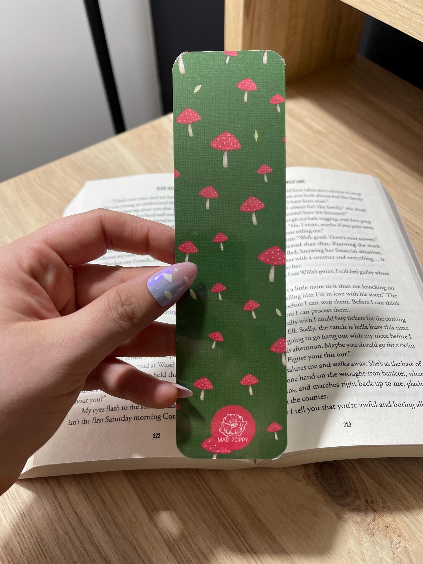 Green Bookmark with Red Mushrooms