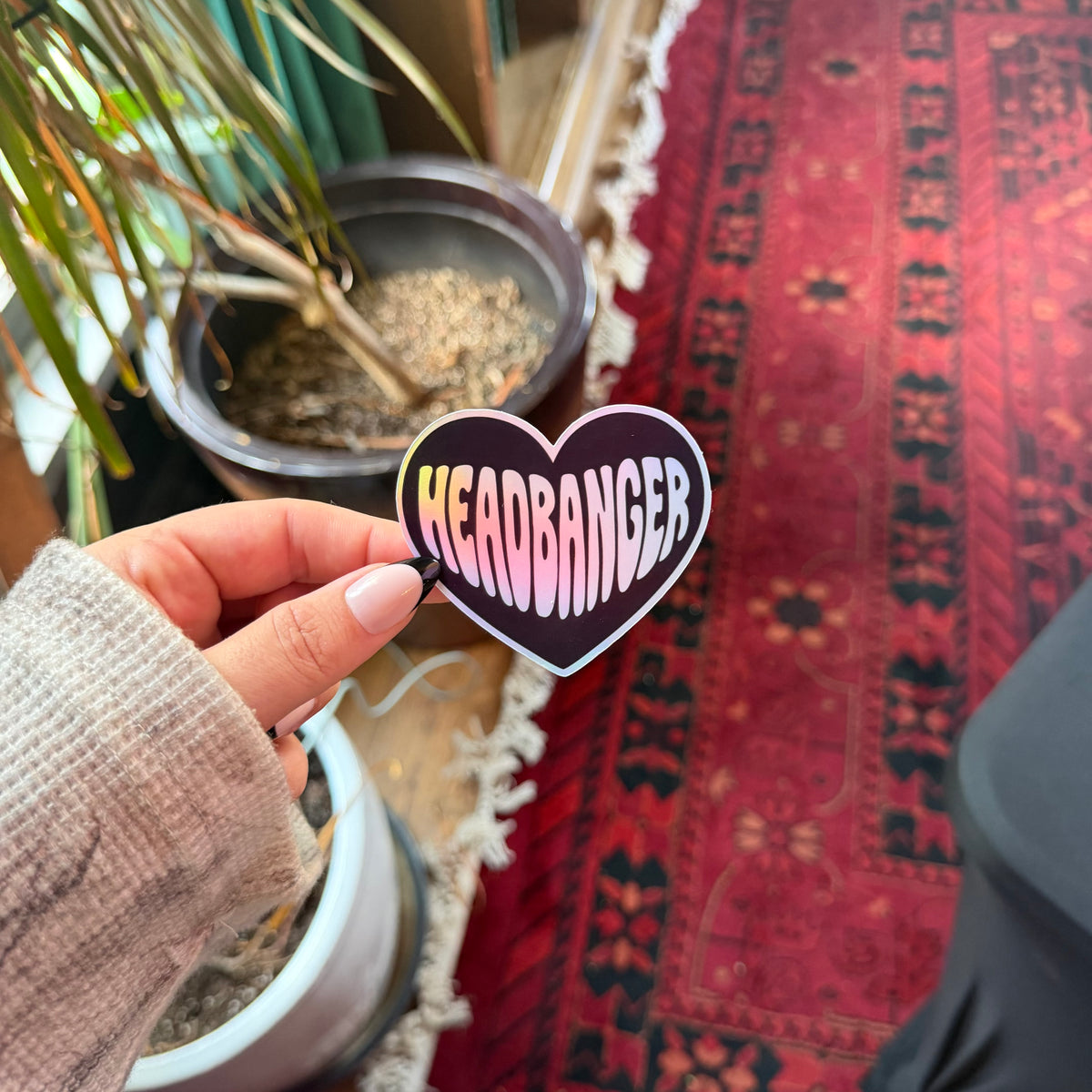 Holographic Headbanger Vinyl Sticker | Black and White Heart