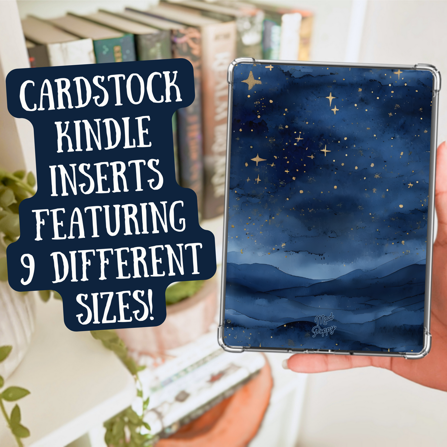 Cardstock Kindle insert with starry night design held by a person, with text overlay.