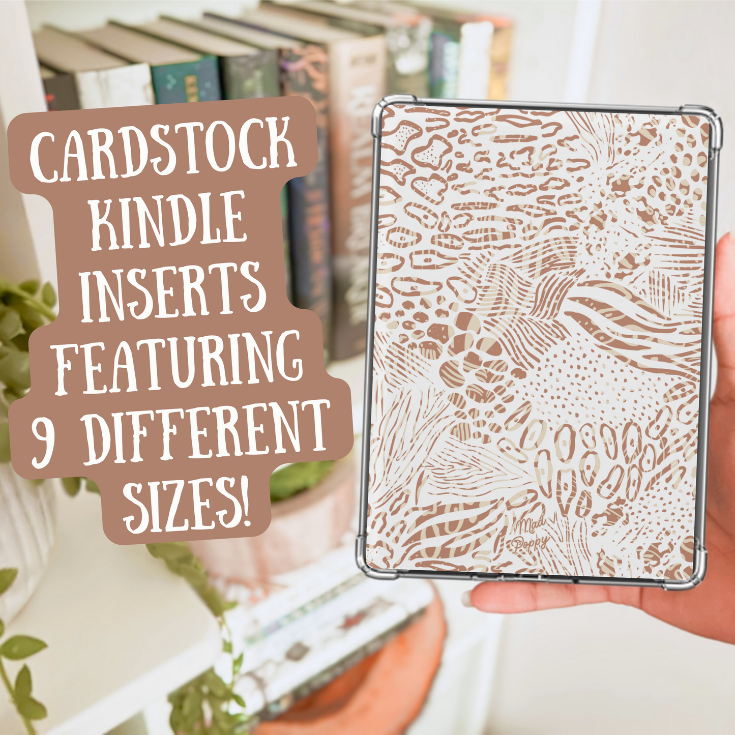 Cardstock Kindle insert with pattern held by a hand, with text about different sizes.