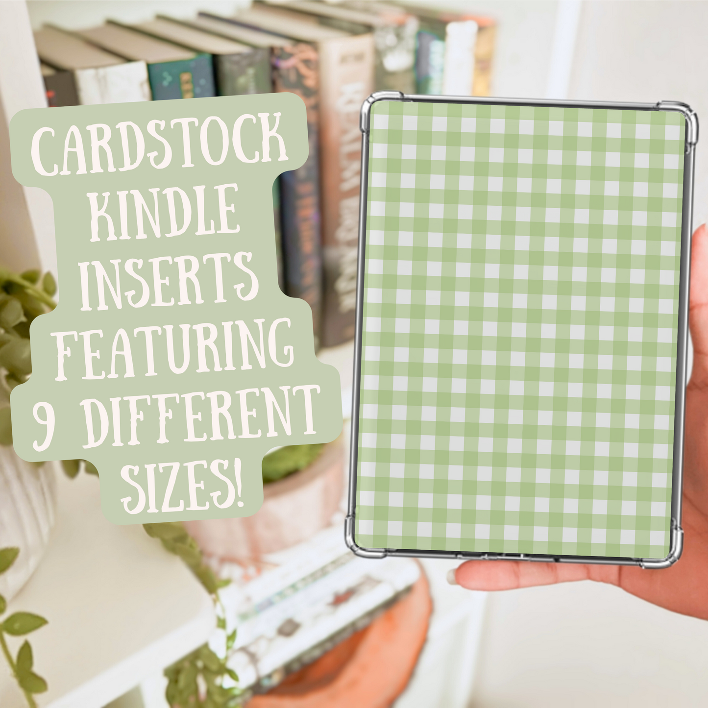 Green checkered cardstock Kindle insert held by a hand with text overlay.