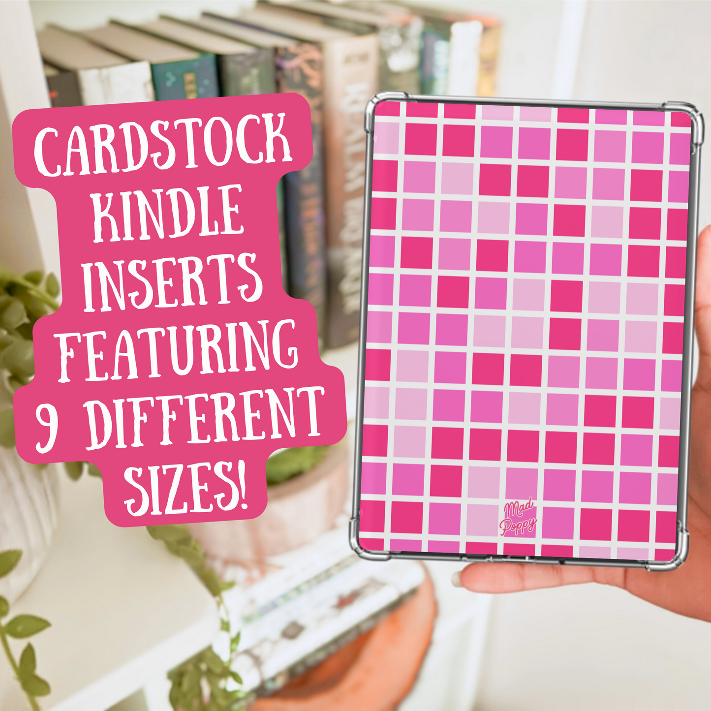 Pink grid patterned cardstock Kindle insert held by a hand with text overlay.