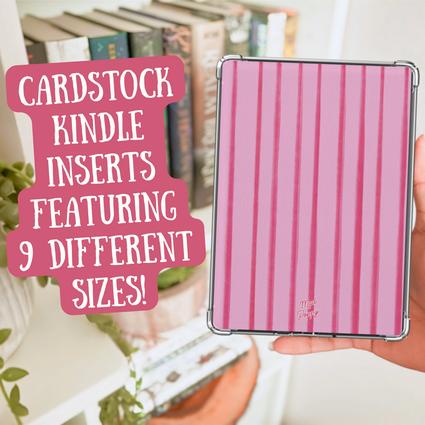 Pink striped cardstock Kindle insert held by a hand with text overlay.
