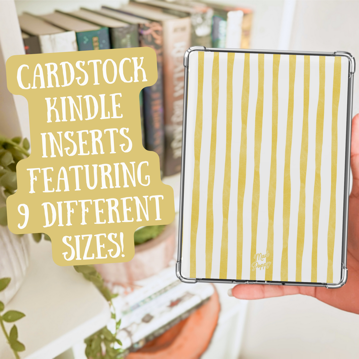 Hand holding a striped Kindle cover with text about cardstock Kindle inserts.