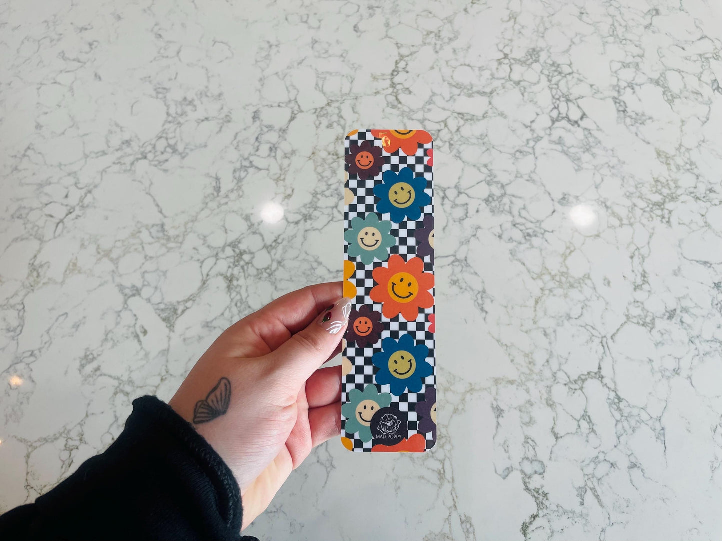 Retro Checkered Flower Smile Bookmark