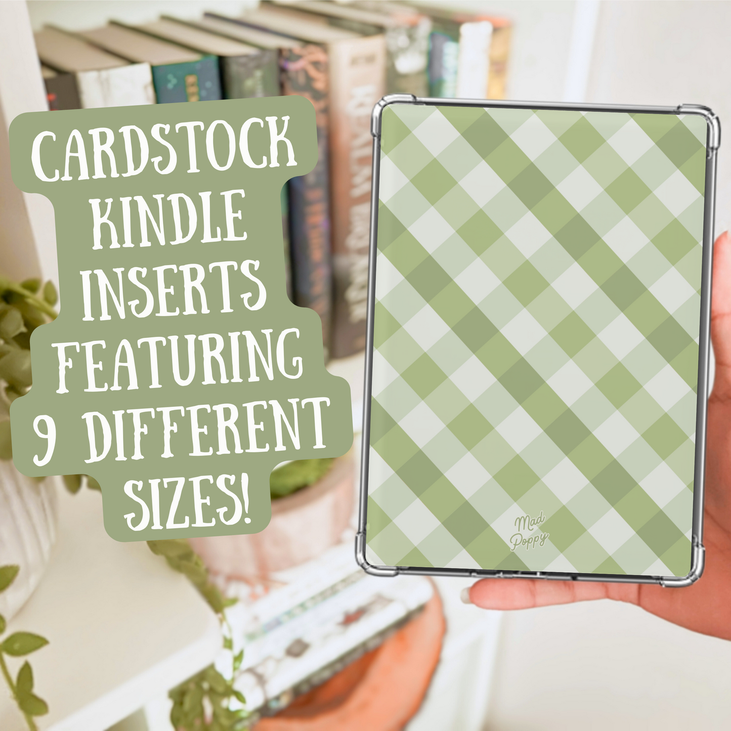 Hand holding a green checkered Kindle cover with text about cardstock Kindle inserts.