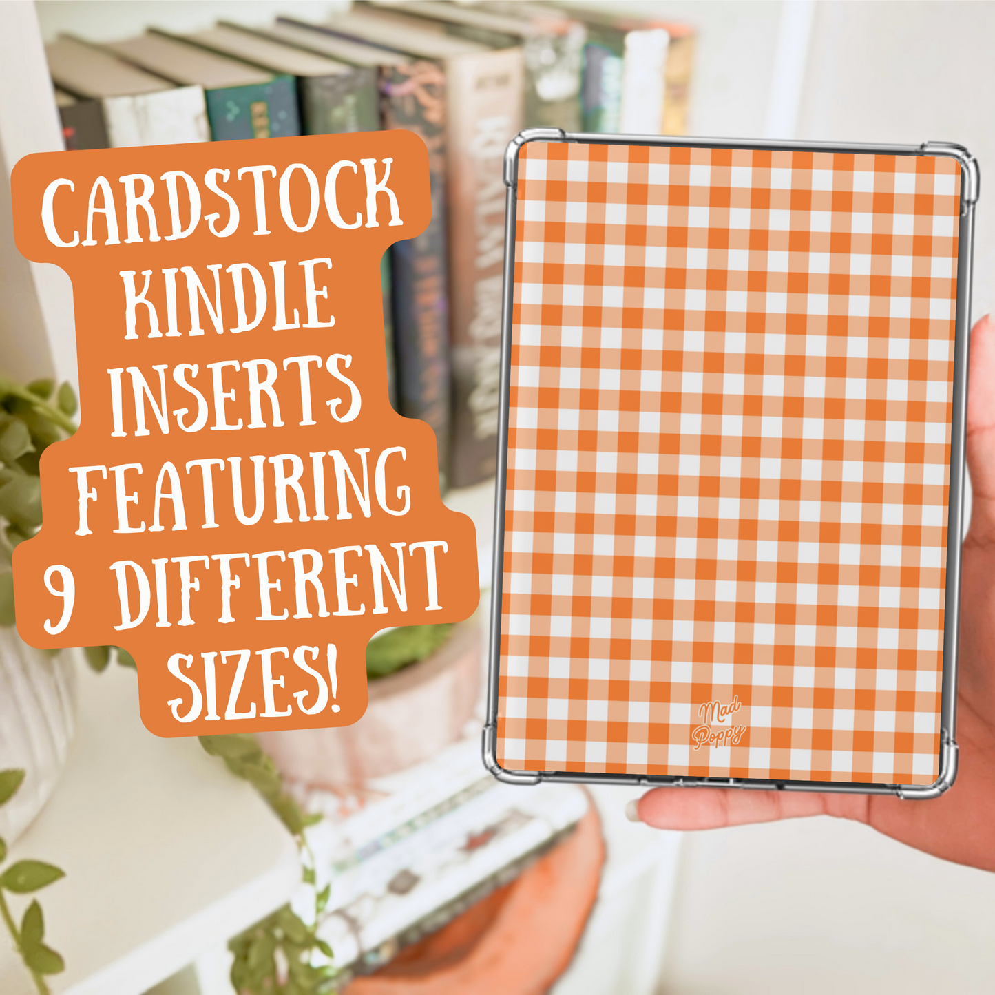 Cardstock Kindle insert with orange and white checkered pattern held by a hand, with text overlay.