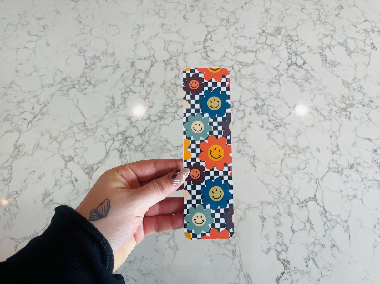 Retro Checkered Flower Smile Bookmark