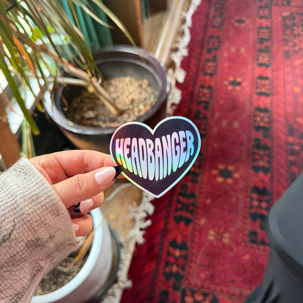 Holographic Headbanger Vinyl Sticker | Black and White Heart
