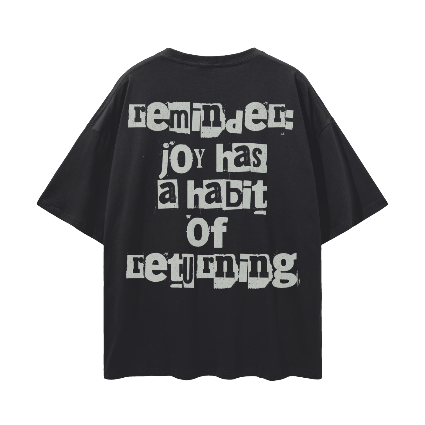 Black t-shirt with white text on a white background
