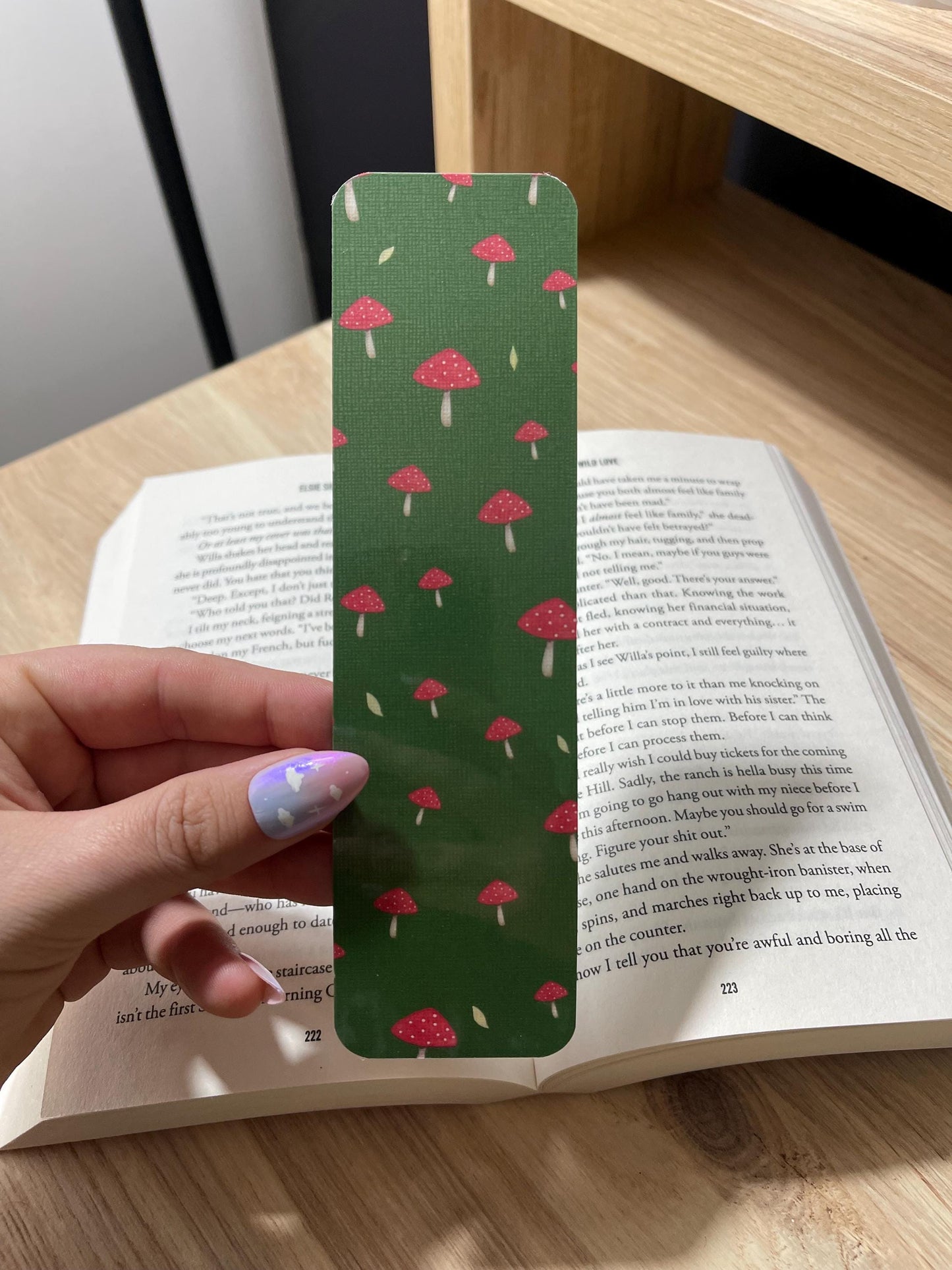 Green Bookmark with Red Mushrooms