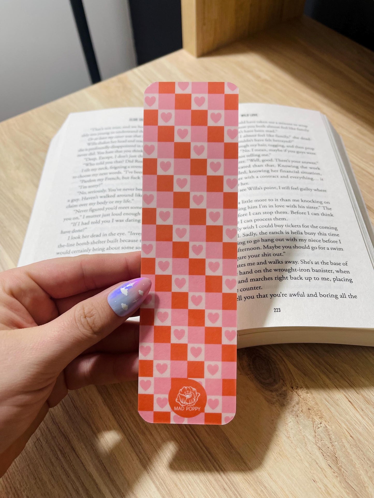 Pink, Red, and Cream Checkered Heart Bookmark