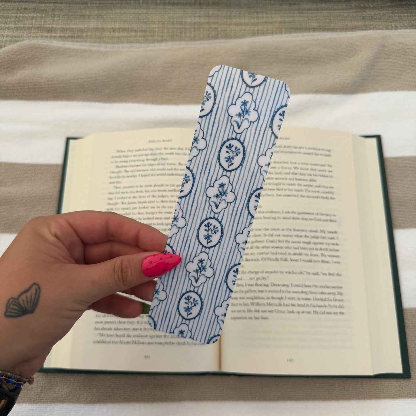 Blue Floral Stripes Bookmark