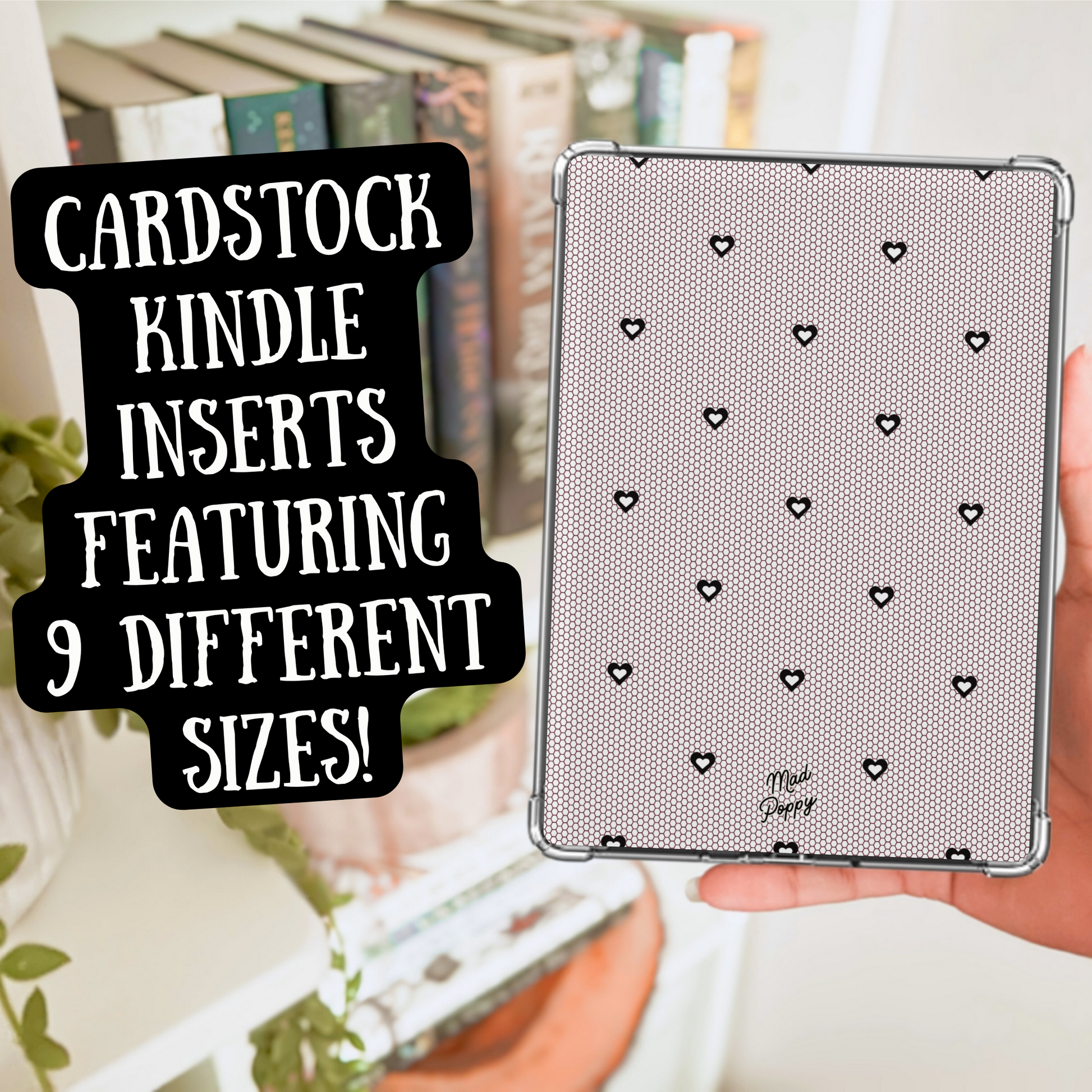 Cardstock Kindle insert with heart pattern held by a person, with text overlay.