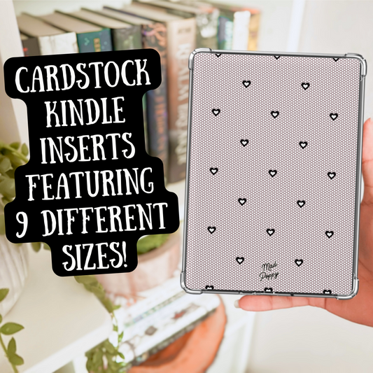 Cardstock Kindle insert with heart pattern held by a person, with text overlay.