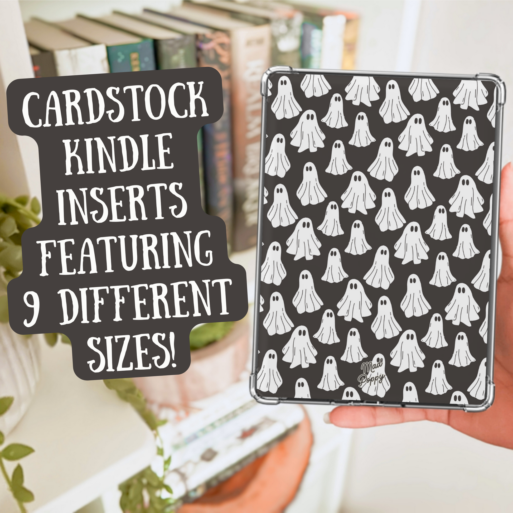 Cardstock Kindle insert with ghost pattern held by a hand, with text overlay.