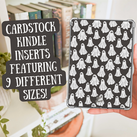 Cardstock Kindle insert with ghost pattern held by a hand, with text overlay.