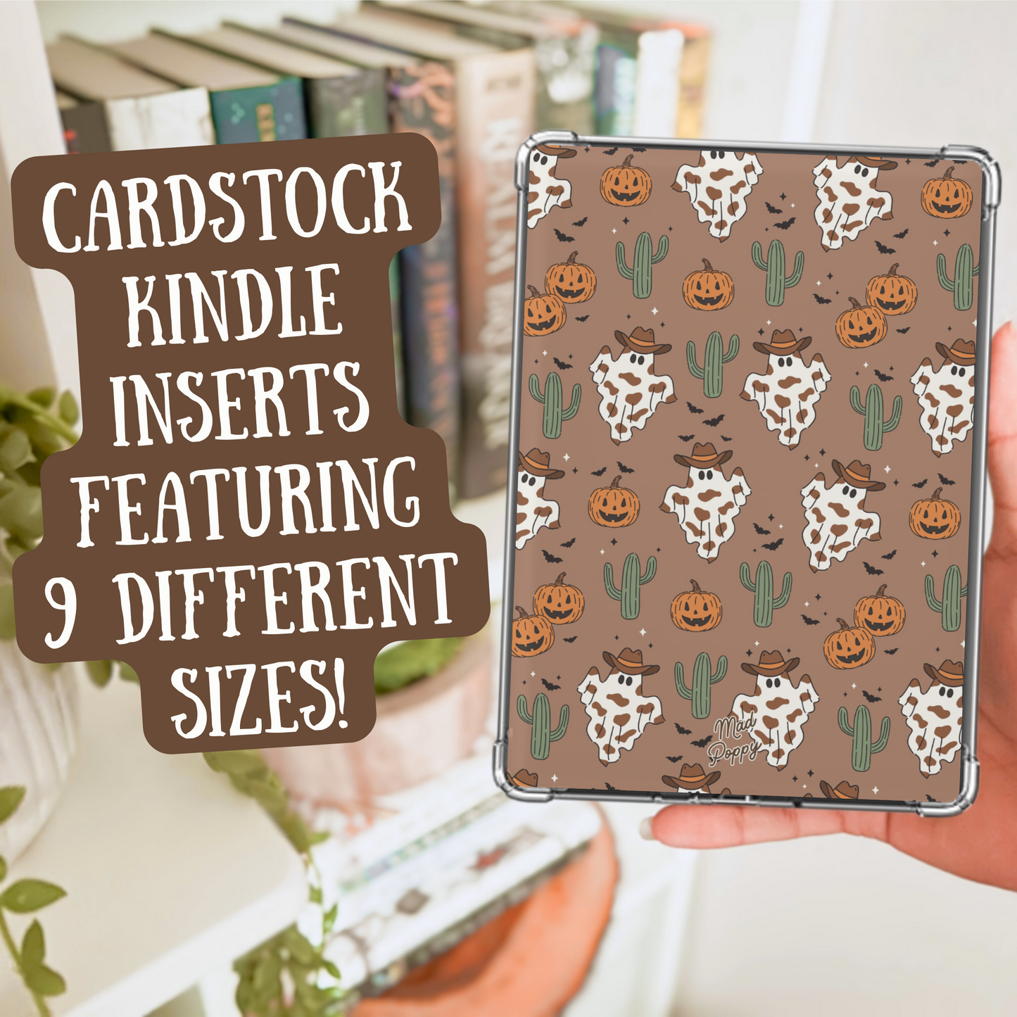 Cardstock Kindle insert with Halloween-themed design held by a hand, with text indicating different size options.