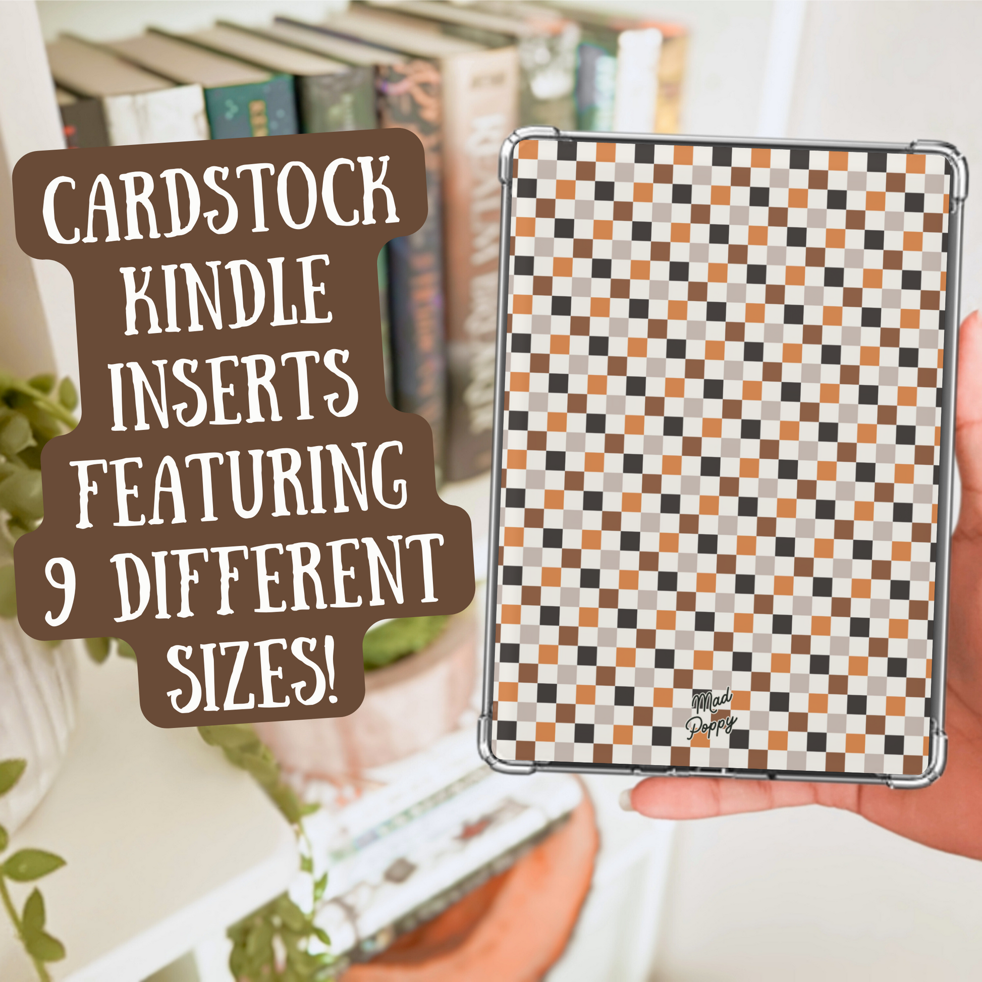 Hand holding a checkered patterned Kindle cover with text about cardstock Kindle inserts.
