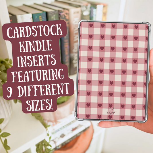 Cardstock Kindle insert with checkered pattern held by a hand, with text overlay.
