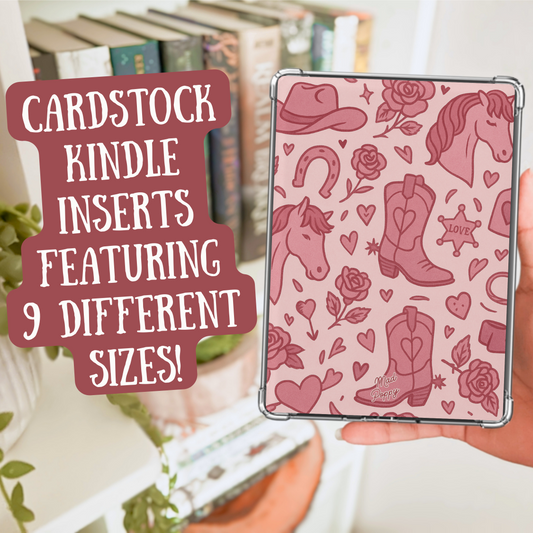 Cardstock Kindle insert with pink cowboy pattern held by a hand, with text about different sizes.