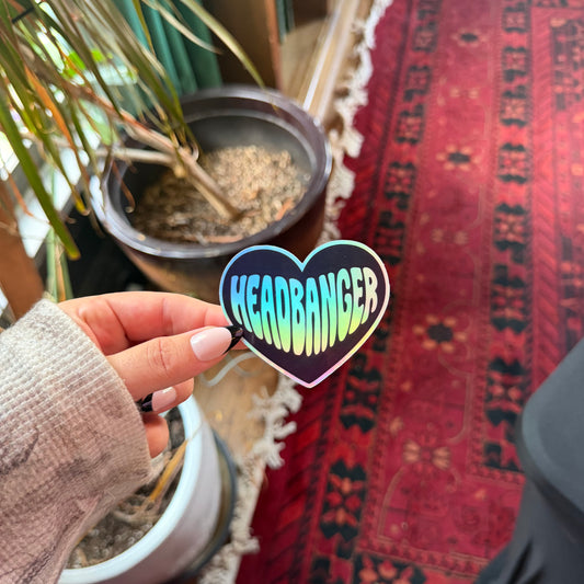 Holographic Headbanger Vinyl Sticker | Black and White Heart