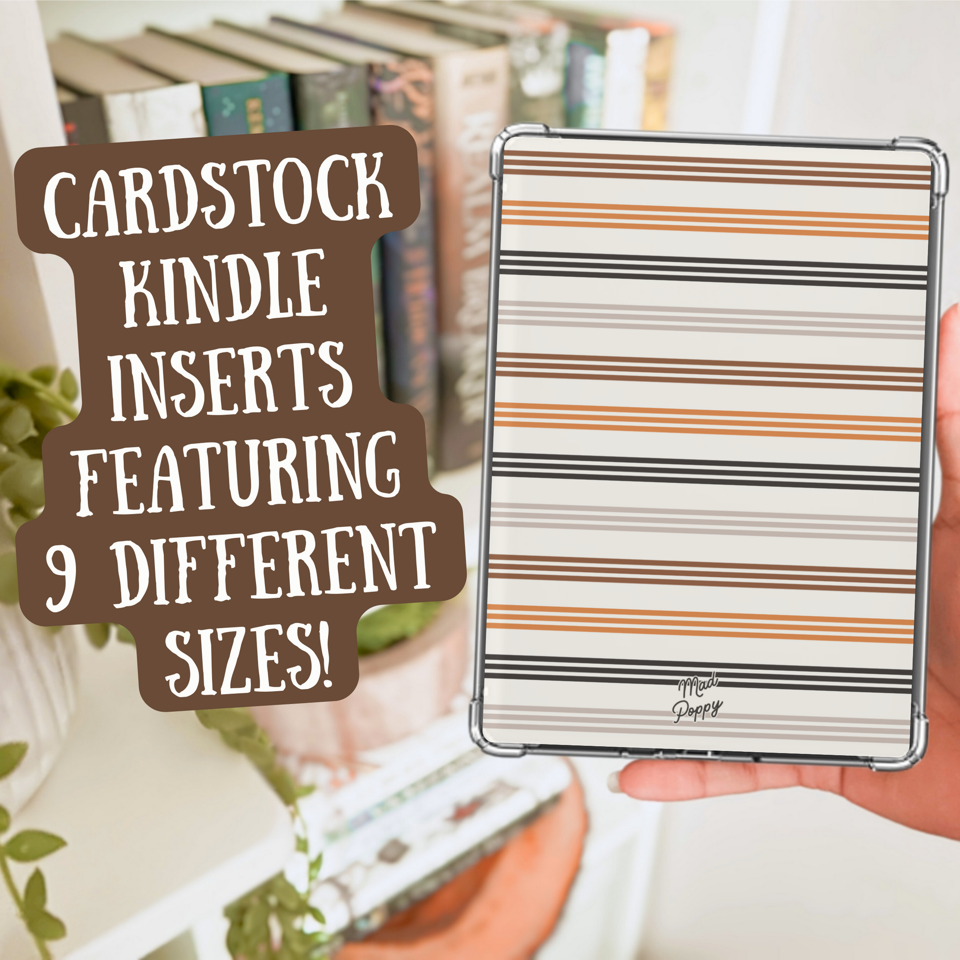 Cardstock Kindle insert with stripes pattern held by a hand, with text overlay.
