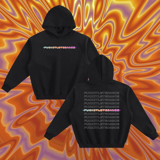 Black hoodie with colorful text on a swirling orange and purple background
