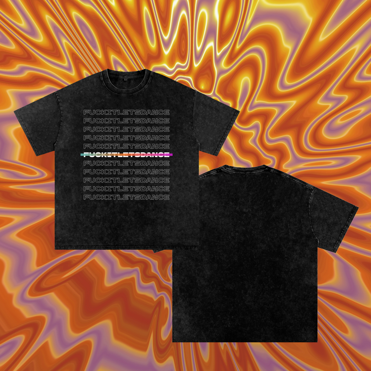 Black t-shirt with text design on a colorful abstract background