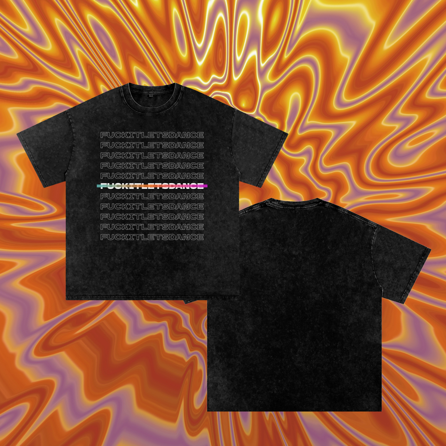 Black t-shirt with text design on a colorful abstract background