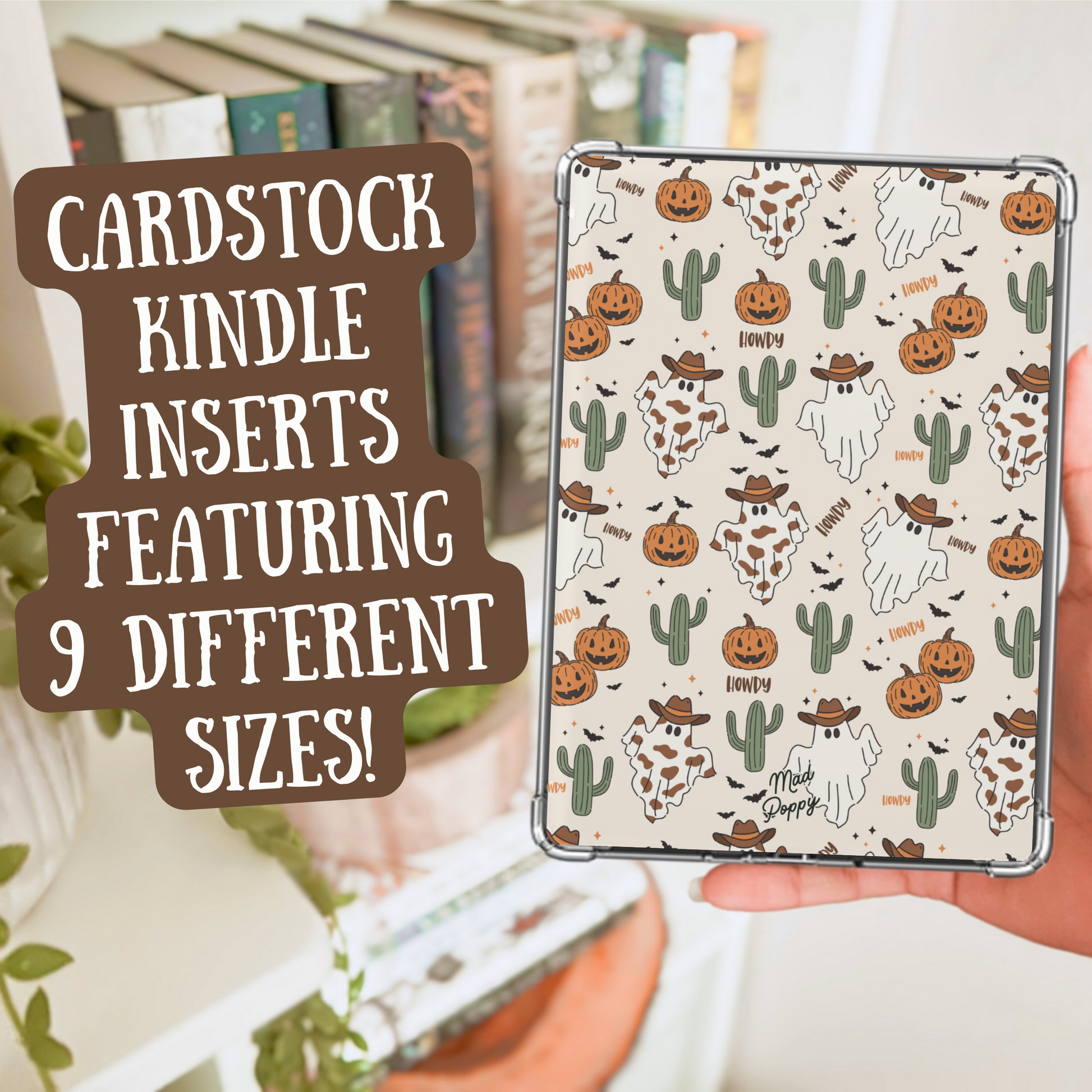 Cardstock Kindle insert with cactus and pumpkin design held by a hand, with text overlay.
