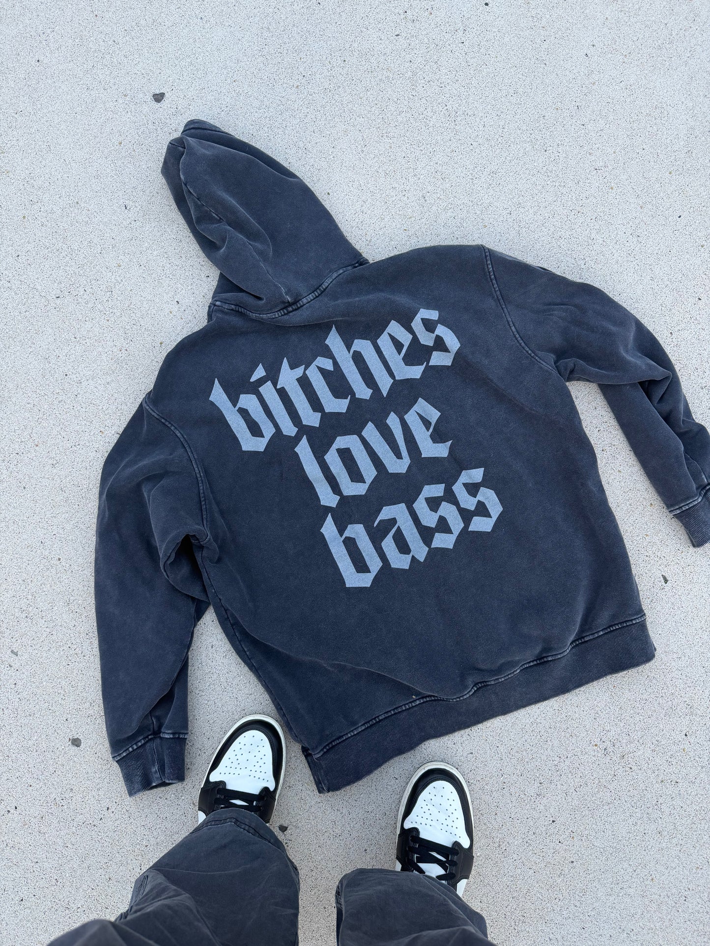 Bitches Love Bass Snow Washed Hoodie | Oversized Cotton Rave Hoodie | Festival Sweatshirt | Bass Music Streetwear