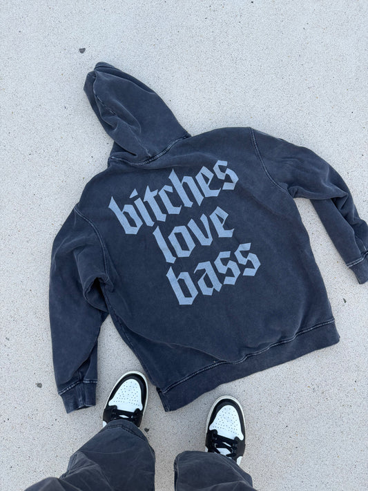 Bitches Love Bass Snow Washed Hoodie | Oversized Cotton Rave Hoodie | Festival Sweatshirt | Bass Music Streetwear