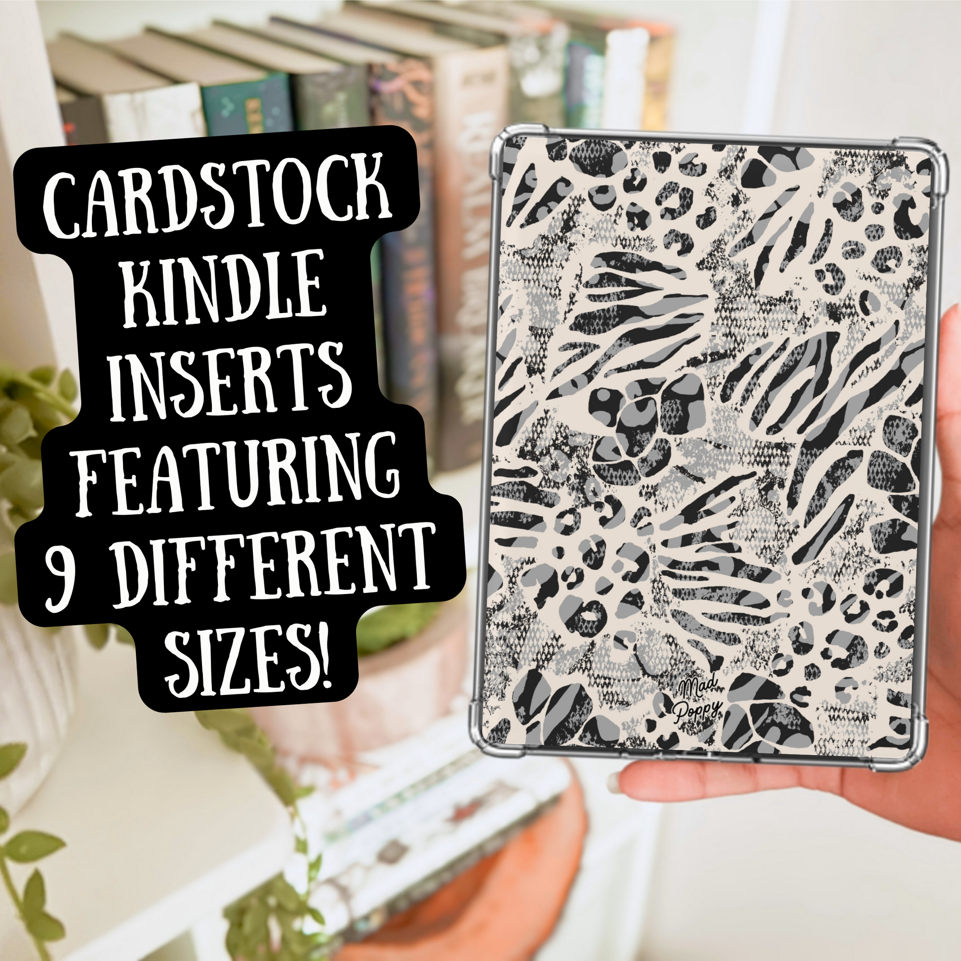 Cardstock Kindle insert with animal print pattern held by a hand, with text about different sizes.