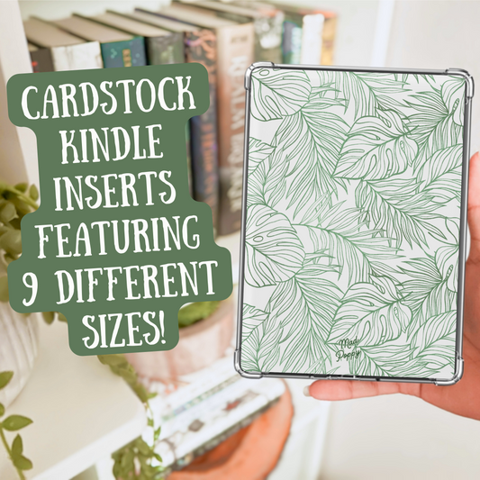 Hand holding a Kindle with a green leaf pattern cardstock cover, with text overlay about different size options.