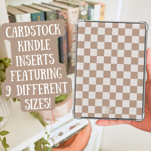 Hand holding a checkered Kindle cover with text about cardstock Kindle inserts.