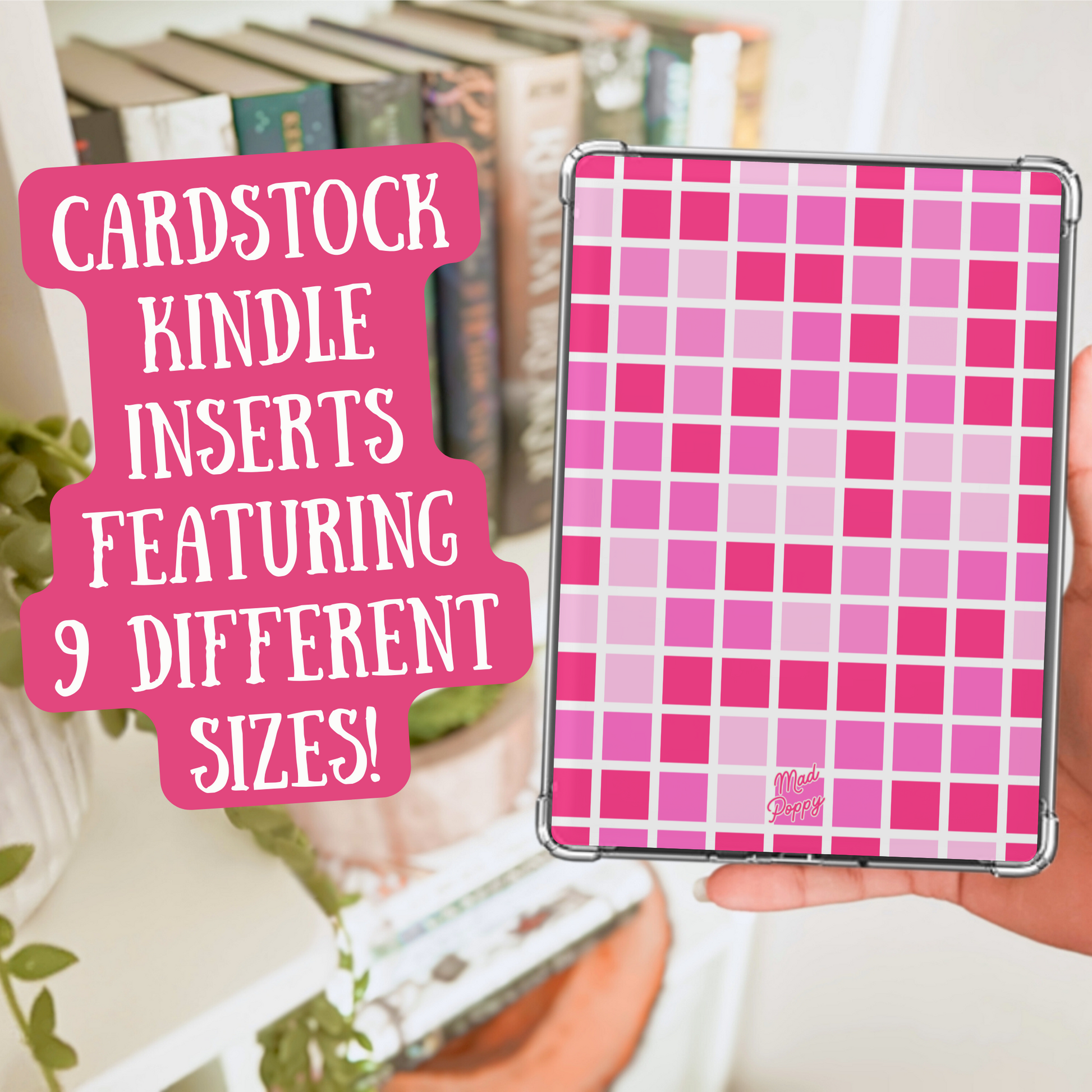 Pink grid patterned cardstock Kindle insert held by a hand with text overlay.