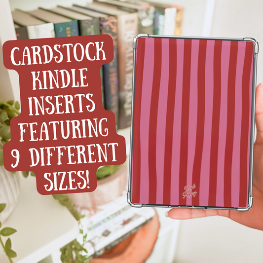 Cardstock Kindle insert with red and pink striped design held by a hand, with text overlay.