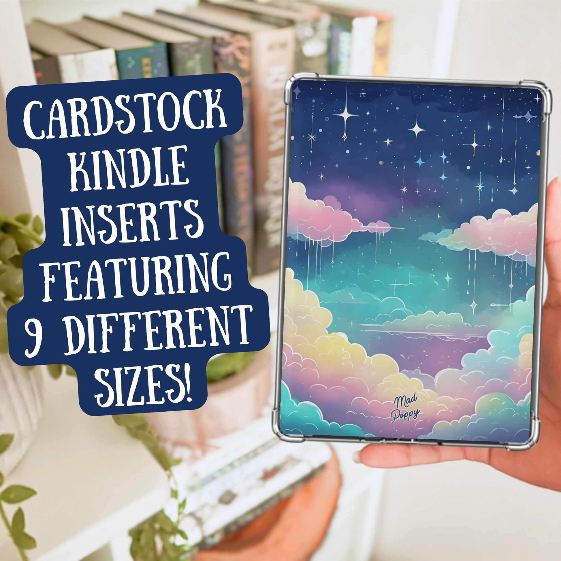 Cardstock Kindle insert with cloud and star design held by a person, with text overlay.