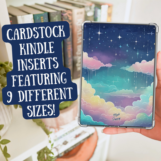 Cardstock Kindle insert with cloud and star design held by a person, with text overlay.