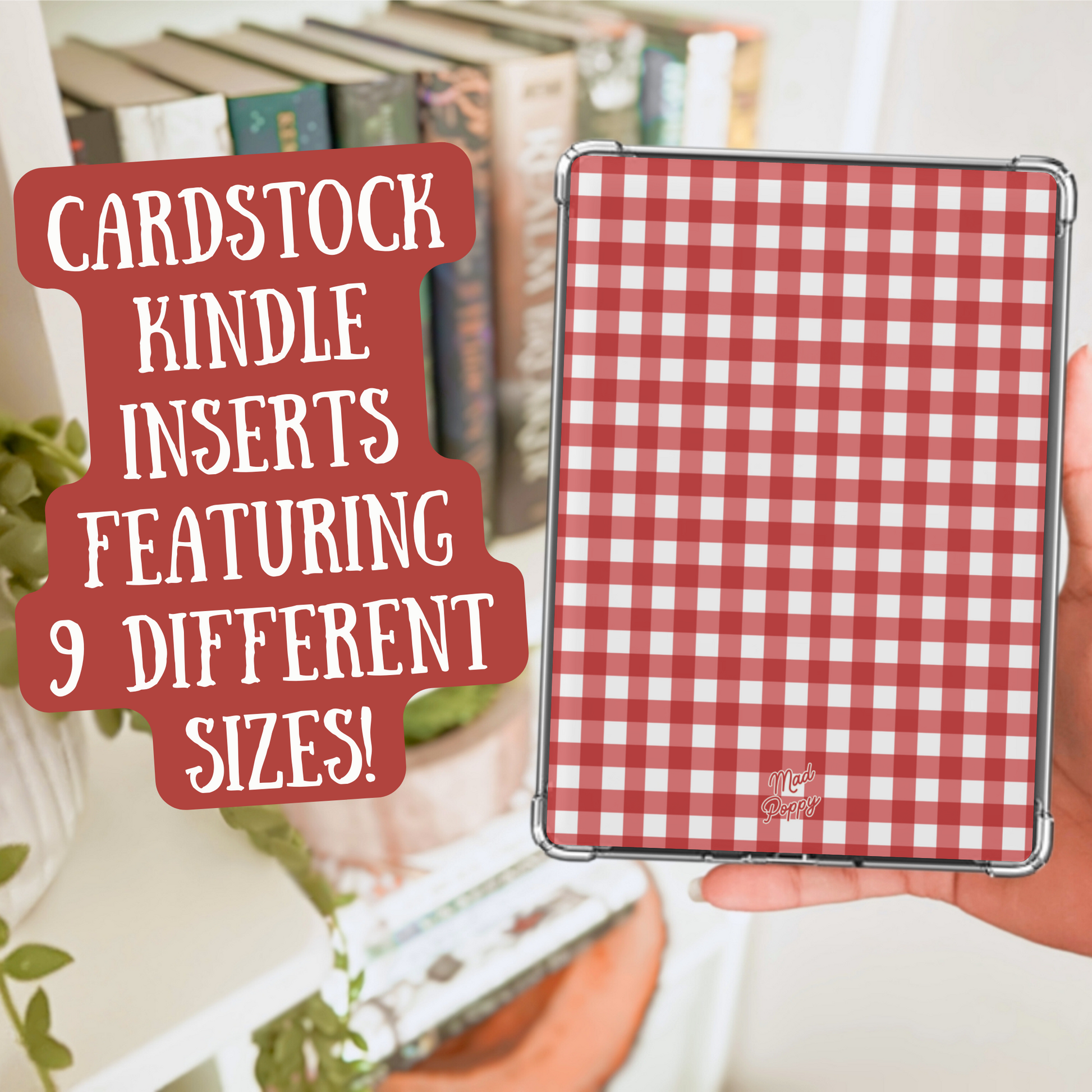 Cardstock Kindle insert with red and white checkered pattern held by a hand, with text overlay.