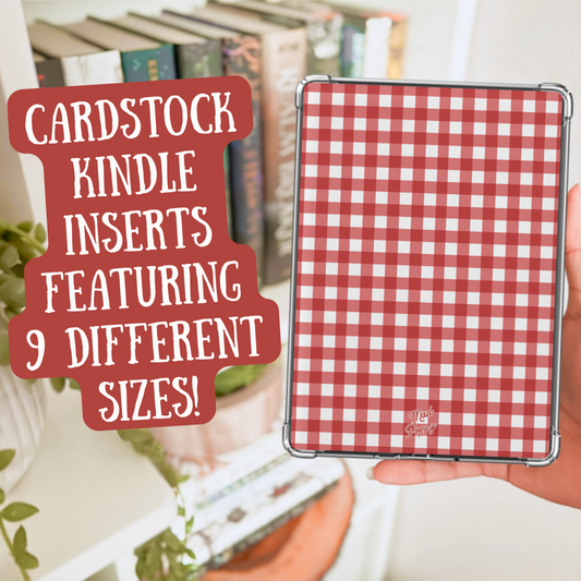 Cardstock Kindle insert with red and white checkered pattern held by a hand, with text overlay.