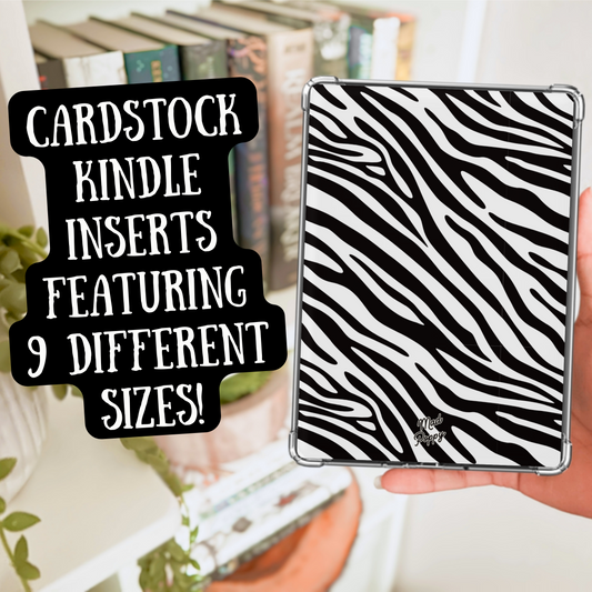 Cardstock Kindle insert with zebra pattern held by a hand, with text overlay.