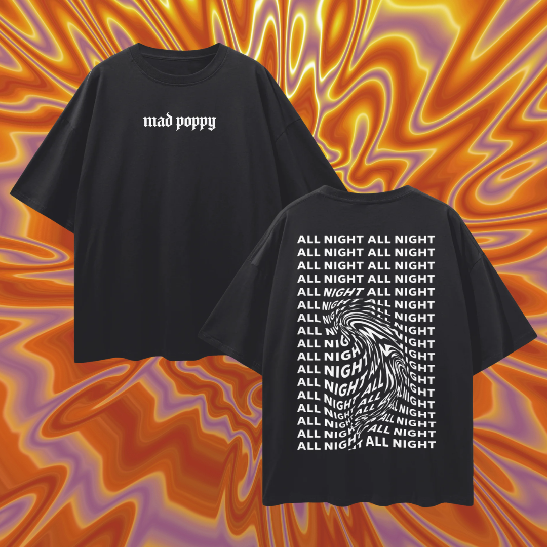 Black t-shirt with 'mad poppy' text on front and 'ALL NIGHT ALL NIGHT' text on back against a colorful abstract background
