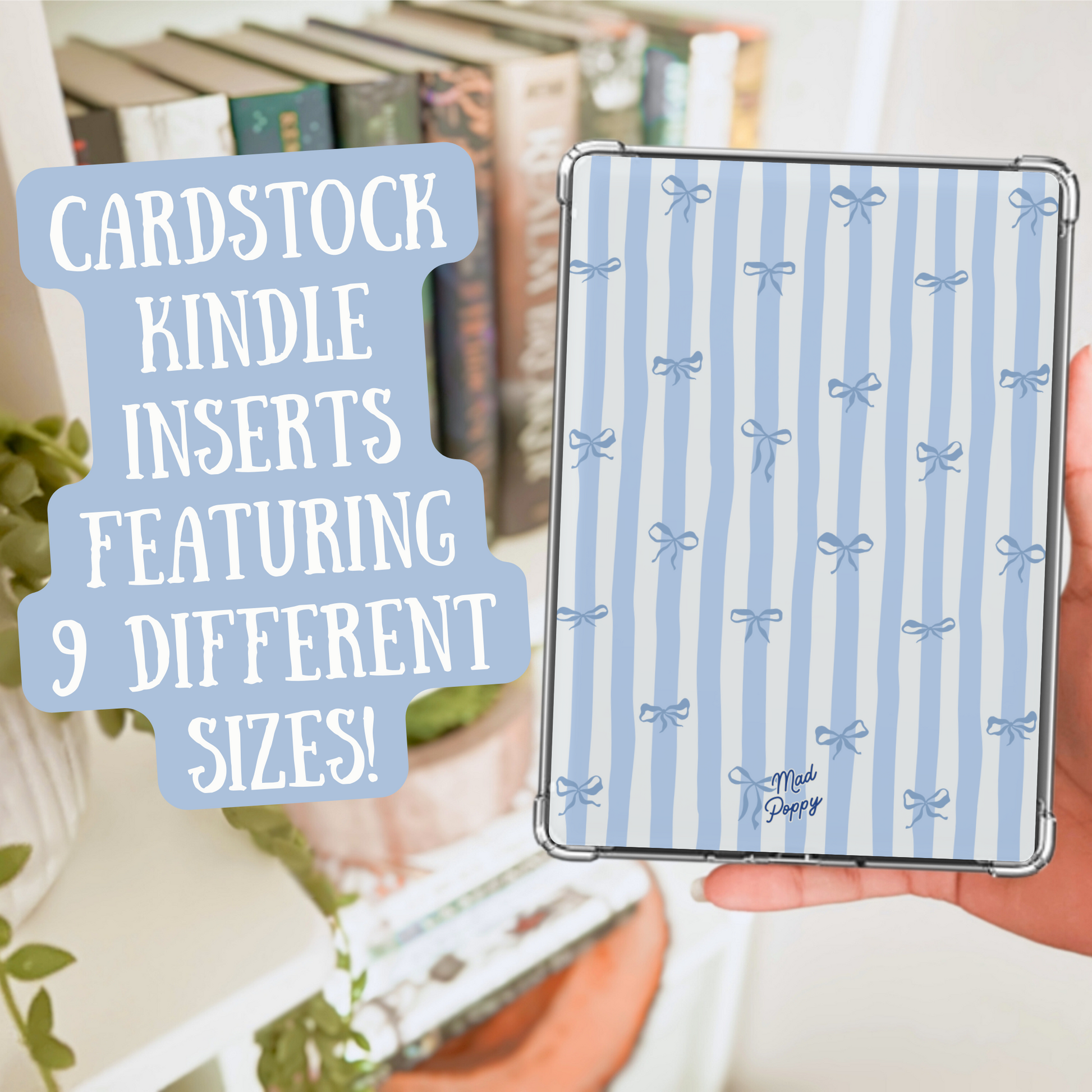 Cardstock Kindle insert with blue and white pattern held by a hand, with text overlay.