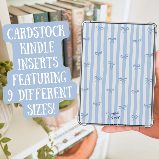 Cardstock Kindle insert with blue and white pattern held by a hand, with text overlay.