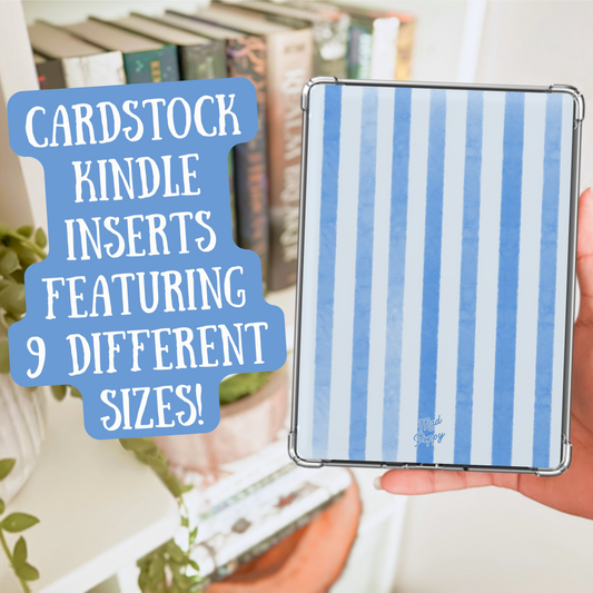 Hand holding a striped Kindle cover with text about cardstock Kindle inserts.