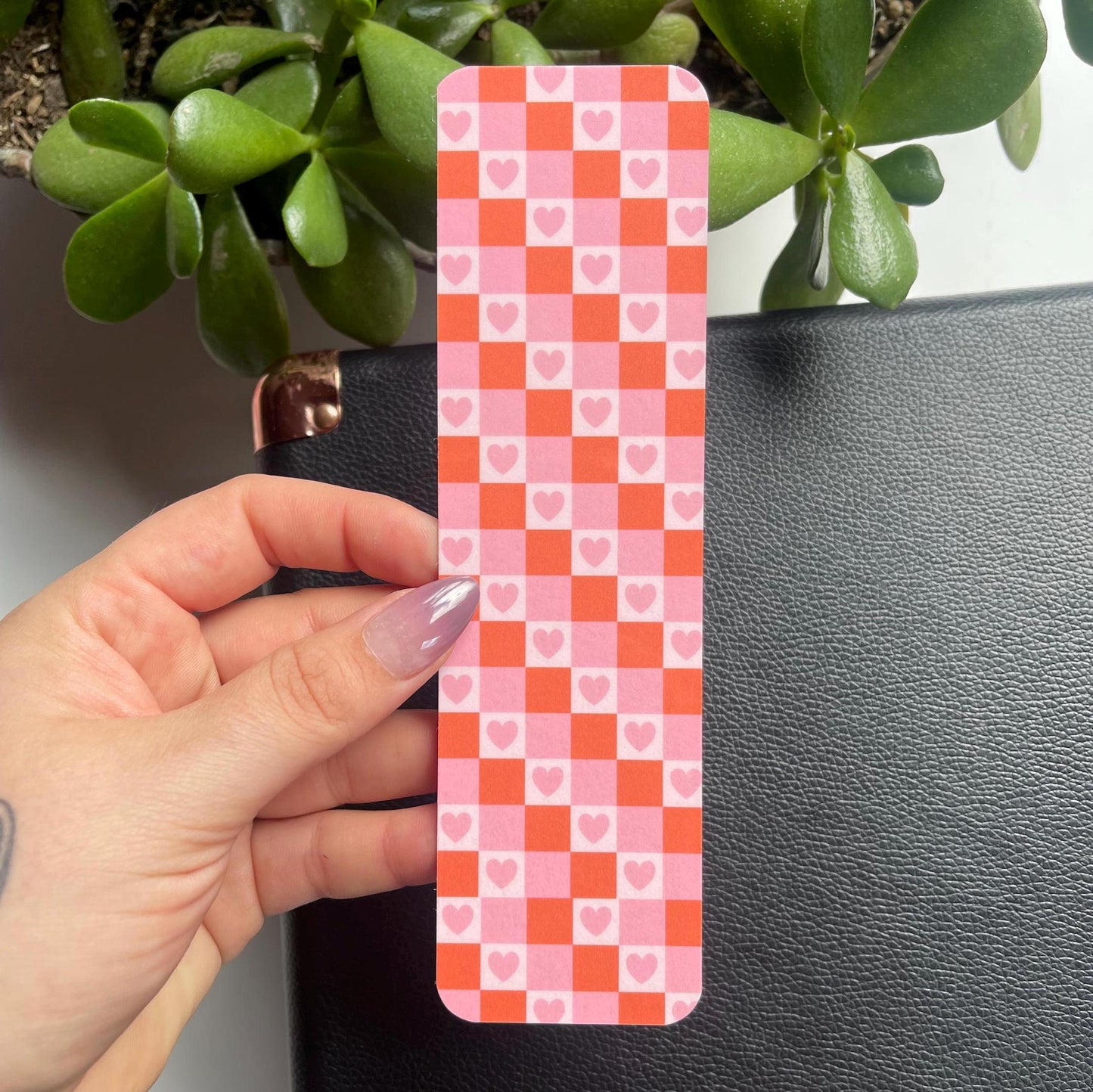 Pink, Red, and Cream Checkered Heart Bookmark
