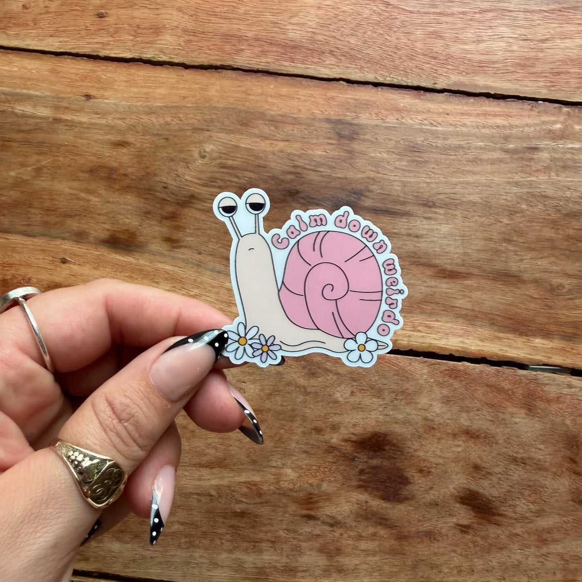 A hand with black and white manicured nails holds a die-cut sticker featuring a pink snail with the words 'Calm down weirdo' around it, set against a rustic wooden background.