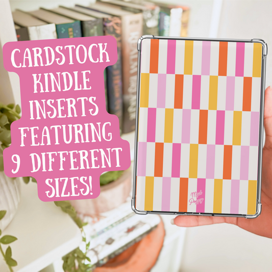 Hand holding a colorful checkered Kindle cover with text about cardstock Kindle inserts.